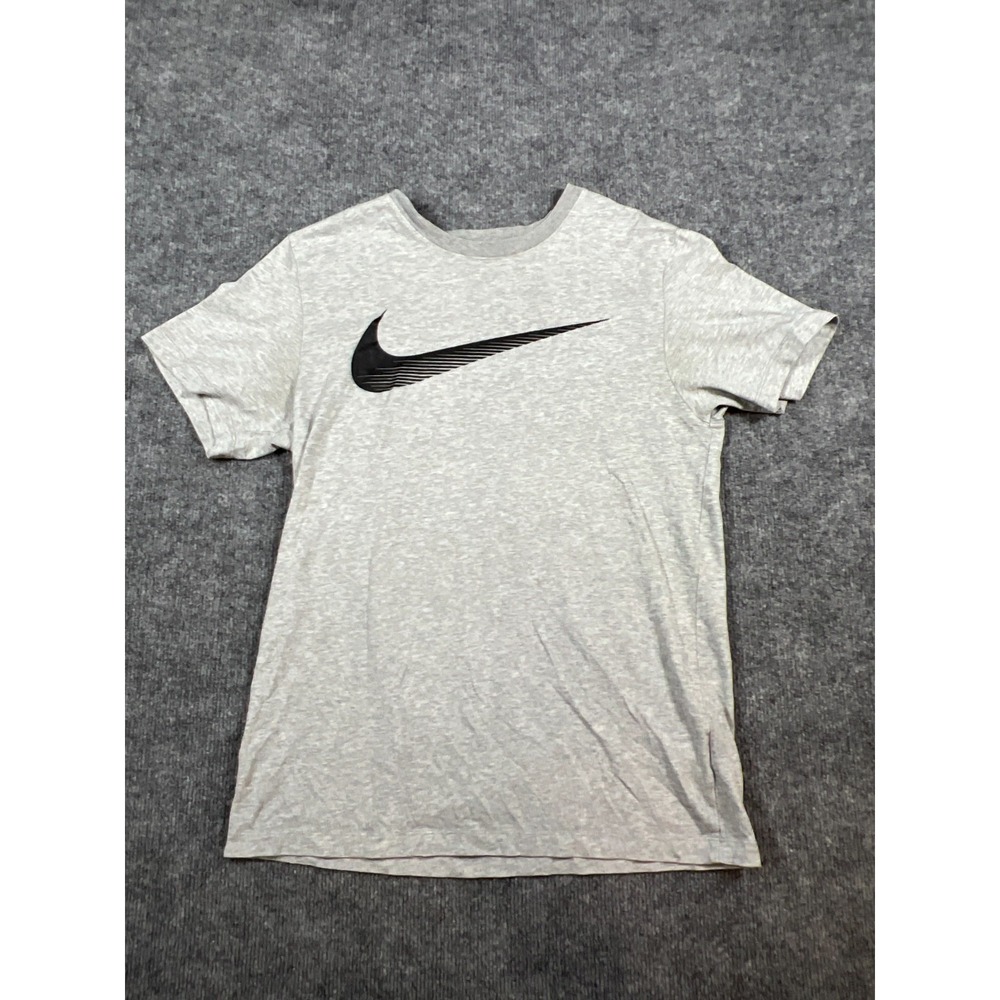 Nike T-Shirt Mens Small Gray Swoosh Dri-FIT Cotton Running Gym Wear Crew Neck